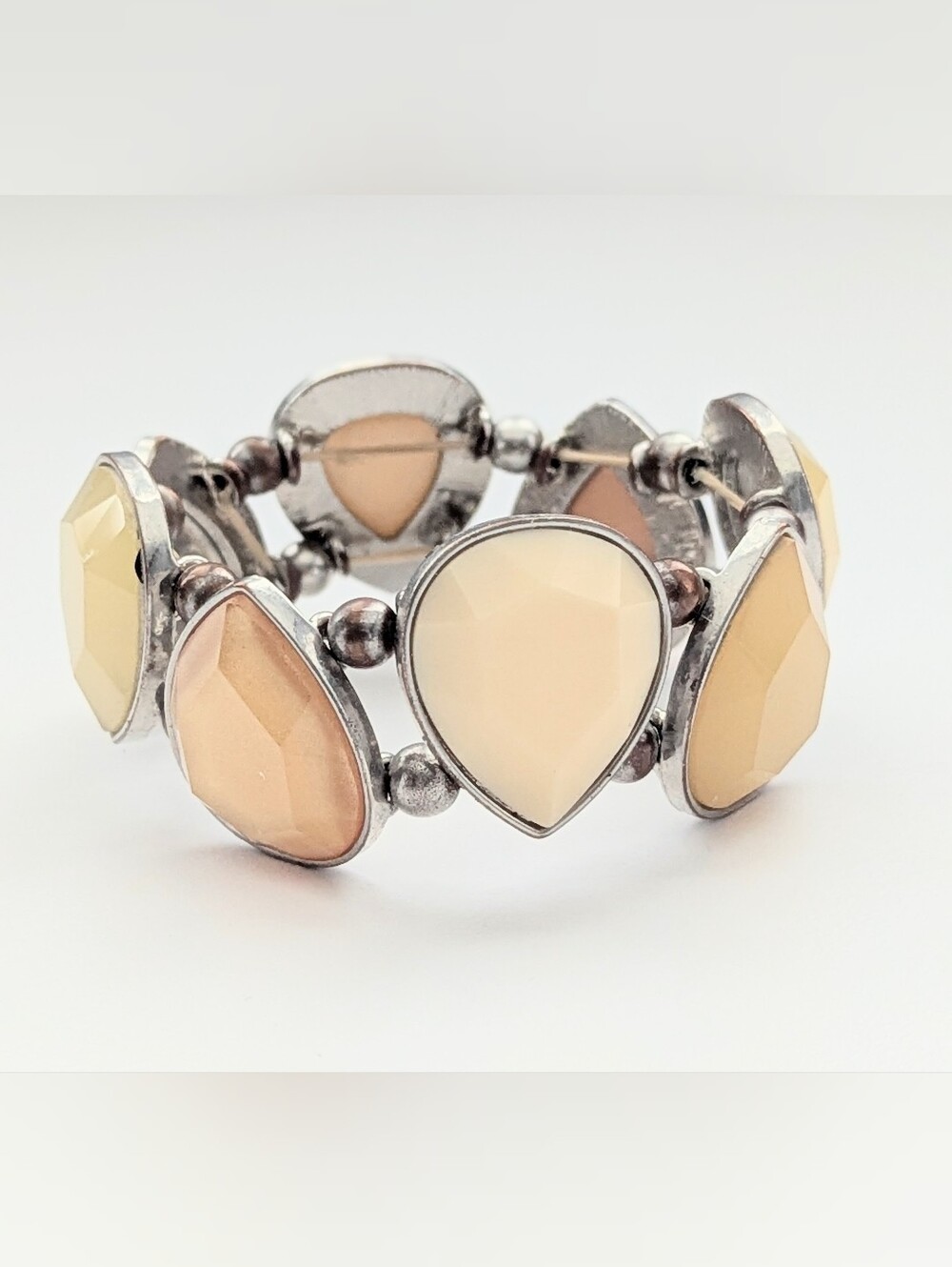 Stretchable Coral Colored Teardrop Bracelet w/Silver-Tone Frames & Beads